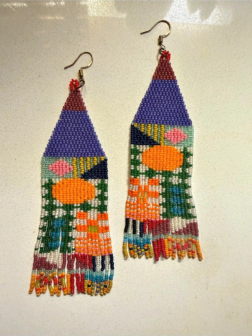 Handmade Beaded Floral Fringe Earrings in Purple